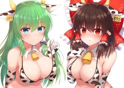 2girls :o animal_ears animal_print bad_id bad_twitter_id bare_shoulders bell bikini blue_eyes blush bow breasts brown_hair cleavage closed_mouth collarbone commentary_request cow_ears cow_horns cow_print detached_collar ear_tag elbow_gloves frilled_hair_tubes frills frog_hair_ornament gloves green_hair hair_between_eyes hair_bow hair_ornament hair_tubes hakurei_reimu highres horns kochiya_sanae large_breasts long_hair looking_at_viewer multiple_girls red_bow red_eyes sidelocks simple_background smile snake_hair_ornament strap_pull sweat swimsuit tksand touhou upper_body very_long_hair white_background white_gloves rating:Sensitive score:41 user:danbooru