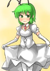  1girl alternate_costume antennae blush dress elbow_gloves gaoo_(frpjx283) gloves green_eyes green_hair highres jewelry matching_hair/eyes open_mouth poorly_drawn princess_wriggle skirt_hold solo touhou white_dress white_gloves white_legwear wriggle_nightbug 