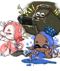 2girls asymmetrical_bangs big_man_(splatoon) black_eyes black_pants blue_eyes blue_hair blue_nails blue_pikmin blue_shirt blue_skin blue_sleeves bubble bud chest_sarashi closed_mouth colored_eyelashes colored_skin creature crossover dark-skinned_female dark_skin ear_piercing fangs fangs_out fire flower frye_(splatoon) hair_bun hair_over_one_eye hand_on_own_cheek hand_on_own_face handheld_game_console holding holding_creature holding_handheld_game_console inkling leaf light_bulb lightning_bolt_symbol looking_at_another lying manta_ray midriff multiple_girls multiple_piercings nintendo nintendo_switch no_mouth octoling on_stomach one_eye_closed oversized_object paint palette_swap pants parted_lips piercing pikmin_(creature) pikmin_(series) pointy_ears pointy_nose puffy_shorts red_eyes red_hair red_nails red_pikmin red_shirt red_skin red_sleeves sarashi see-through see-through_shirt see-through_sleeves shirt shiver_(splatoon) short_sleeves shorts simple_background single_hair_bun smile splatoon_(series) t-shirt tentacle_hair tooth_earrings torn_clothes torn_pants triangle_mouth usuba_(hatomugip) very_dark_skin white_background white_flower white_shorts yellow_pikmin yellow_skin