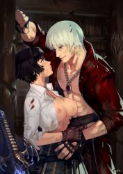 1boy 1girl abs against_wall bad_id bad_twitter_id bandages black_hair blouse breasts capcom collared_shirt commentary dante_(devil_may_cry) desert_eagle devil_may_cry devil_may_cry_(series) devil_may_cry_3 dirty dirty_face english_commentary eye_contact gloves gun hand_on_another&#039;s_stomach handgun height_difference hetero jacket jewelry kabedon lady_(devil_may_cry) large_breasts looking_at_another necklace nipples no_bra open_clothes open_jacket open_shirt optionaltypo parted_lips partially_fingerless_gloves pectorals shirt silver_hair skirt smile sweat torn_clothes weapon rating:Explicit score:89 user:danbooru