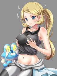  1girl bad_id bad_twitter_id bare_shoulders blonde_hair blue_eyes blush bodysuit breast_conscious breasts clothes_around_waist covering_own_eyes creatures_(company) froakie game_freak gen_6_pokemon grabbing grabbing_another&#039;s_breast green_eyes has_bad_revision highres large_breasts lips long_hair md5_mismatch midriff mokorei navel nintendo no_bra no_panties pink_lips pokemon pokemon_(creature) pokemon_adventures ponytail resized serena_(pokemon) skindentation solo stomach sweatdrop tank_top upscaled zeromaru  rating:Questionable score:66 user:nullbanana