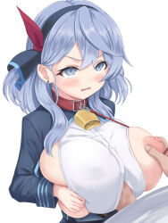  1boy 1girl ako_(blue_archive) blue_archive blue_eyes blue_hair blush breast_hold breasts embarrassed highres huge_breasts kurado_c large_areolae looking_at_another nipple_stimulation nipple_tweak nipples one_breast_out open_mouth paizuri paizuri_under_clothes penis perpendicular_paizuri puffy_areolae unbuttoned unbuttoned_shirt  rating:Explicit score:62 user:TDogarooski