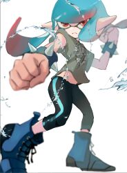  1girl band_shirt black_leggings blue_footwear blue_hair blunt_bangs boots bracelet clenched_hands closed_mouth floating_hair frown gradient_hair grey_shirt hand_up inkling jewelry koike3582 leggings light_blue_hair long_hair merchandise multicolored_hair nintendo omega-chan_(splatoon) pointy_ears red_eyes red_hair shirt short_sleeves simple_background single_vertical_stripe solo spiked_bracelet spikes splatoon_(manga) splatoon_(series) t-shirt tentacle_hair two-tone_hair white_background 