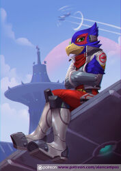 1boy alanscampos beak bird_boy boots crossed_arms crossed_legs dated falco_lombardi furry furry_male green_eyes highres jacket male_focus nintendo patreon_username signature smile solo star_fox
