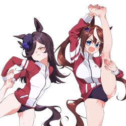 2girls alternate_costume animal_ears barefoot black_hair blue_eyes buruma closed_eyes closed_mouth commentary feet hair_between_eyes hair_ornament hat highres horse_ears horse_girl horse_tail jacket kneepits leg_up long_hair looking_at_viewer multiple_girls ponytail rice_shower_(umamusume) sarabure soles stretching symbol-only_commentary tail tokai_teio_(umamusume) track_jacket umamusume white_background 