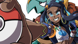 1girl armlet armpits black_hair blue_eyes breasts clenched_hands clenched_teeth creatures_(company) crop_top dark-skinned_female dark_skin dynamax_band ear_piercing earrings female_focus fighting_stance fingernails game_freak gen_8_pokemon gloves grin gym_leader hair_ornament hand_up highres holding holding_poke_ball hoop_earrings jewelry light_blush long_hair looking_at_viewer midriff multicolored_hair necklace nessa_(pokemon) nintendo outstretched_arm parted_lips partially_fingerless_gloves pendant_choker piercing poke_ball poke_ball_print pokemon pokemon_(creature) pokemon_swsh rainbow_(artist) raised_eyebrow sidelocks simple_background size_difference small_breasts smile standing streaked_hair swept_bangs teeth two-tone_hair upper_body