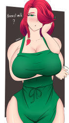  1girl :o ? apron arm_under_breasts barista blush braid breast_hold breasts collarbone cowboy_shot cup curvy dohth drinking_glass english_text glass green_apron green_eyes hair_over_one_eye highres huge_breasts iced_latte_with_breast_milk_(meme) meme open_mouth pencil red_hair simple_background single_braid tagme watermark wide_hips  rating:Sensitive score:22 user:06710ken