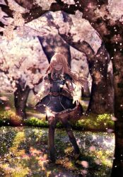  1boy ^_^ abandon_ranka black_thighhighs blonde_hair blurry boots cherry_blossoms closed_eyes commentary_request depth_of_field dress grass highres long_hair male_focus midare_toushirou open_mouth outdoors outstretched_arms petals smile thighhighs touken_ranbu trap tree 