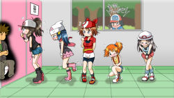 2boys 5girls arm_behind_back ash_ketchum bandana bathroom beanie between_legs bike_shorts black_eyes black_footwear black_hair black_jacket black_legwear black_shirt black_vest blue_eyes blue_hair blue_legwear blue_shirt blue_shorts blush boots breasts brock_(pokemon) brown_hair brown_pants camera clenched_hand closed_eyes collarbone creatures_(company) crop_top crossed_arms dawn_(pokemon) denim denim_shorts door embarrassed fang flying_sweatdrops from_side full_body game_freak green_(pokemon) green_eyes green_shirt grey_eyes hair_ornament hair_tie hairclip hand_between_legs hand_up hat have_to_pee hilda_(pokemon) holding indoors jacket japanese_text knocking leaning_forward leg_up legs_together long_hair loose_socks matching_hair/eyes may_(pokemon) medium_breasts midriff misty_(pokemon) multiple_boys multiple_girls natsukage_yuu nintendo nose_blush one_eye_closed open_mouth own_hands_together pants pink_footwear pink_scarf pink_skirt pleated_skirt poke_ball_theme pokemon pokemon_(anime) pokemon_(classic_anime) pokemon_bw pokemon_dppt pokemon_frlg pokemon_rse ponytail profile red_footwear red_headwear red_shirt red_skirt scarf shirt shoes short_hair short_shorts short_sleeves shorts side_ponytail sitting skirt sleeveless sleeveless_shirt small_breasts smile socks spiked_hair squatting standing standing_on_one_leg suspenders talking tears toilet toilet_stall tree trembling v_arms vest white_footwear white_headwear window wristband yellow_shirt  rating:Sensitive score:116 user:Storm101