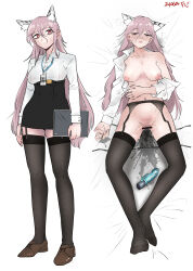  1girl absurdres after_masturbation animal_ears bags_under_eyes bar_censor black_skirt black_thighhighs blush breasts brown_footwear cat_ears censored closed_eyes closed_mouth collarbone collared_shirt commentary dated dildo female_pubic_hair full_body garter_belt girls&#039;_frontline hair_between_eyes high-waist_skirt highres holding holding_tablet_pc lanyard long_hair long_sleeves looking_at_viewer lying medium_breasts multiple_views naked_shirt navel nipples no_shoes on_back panties parted_lips persica_(girls&#039;_frontline) pink_hair pubic_hair pussy_juice pussy_juice_on_fingers radish_p red_eyes see-through see-through_thighhighs sex_toy shirt shoes side-tie_panties simple_background skirt sleeping stained_panties standing sweat tablet_pc thighhighs underwear unworn_panties very_long_hair white_shirt zettai_ryouiki 