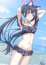  1girl absurdres animal_ear_fluff animal_ears arms_behind_head bikini black_bikini black_hair blue_archive blush breasts cat_ears closed_mouth cowboy_shot dated day extra_ears frilled_bikini frills groin halo highres kippei long_hair navel ocean official_alternate_costume outdoors pink_halo red_eyes serika_(blue_archive) serika_(swimsuit)_(blue_archive) shore signature small_breasts solo swimsuit twintails 