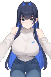  1girl absurdres black_hair blue_eyes blue_hair bluefield blunt_bangs breasts colored_inner_hair commentary denim gluteal_fold hair_intakes high-waist_pants highres hololive hololive_english jeans large_breasts long_hair long_sleeves looking_at_viewer multicolored_hair official_alternate_costume ouro_kronii ouro_kronii_(casual) pants shirt smile solo turtleneck very_long_hair virtual_youtuber white_shirt 