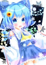  1girl ascot blue_eyes blue_hair blush bow cirno cosplay detached_sleeves fang flower hair_bow hakurei_reimu hakurei_reimu_(cosplay) matching_hair/eyes open_mouth short_hair skirt solo touhou wings yuya_(minus-k) 