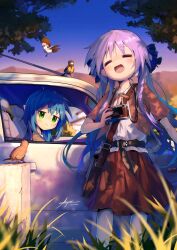  2girls :3 :d =_= absurdres ap04astral bird blue_hair blue_sky blurry blurry_foreground camera car clear_sky commentary_request cowboy_shot depth_of_field grass green_eyes highres hiiragi_kagami holding holding_camera izumi_konata jacket jitome looking_at_another lucky_star motor_vehicle mountainous_horizon multiple_girls neck_ribbon open_mouth outdoors panties red_jacket red_ribbon red_skirt ribbon shirt sitting skirt sky smile standing tree underwear white_panties white_shirt 