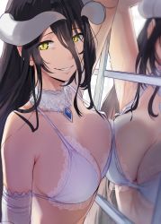  1girl against_glass against_window albedo_(overlord) arm_up armpits bare_shoulders bikini black_hair blue_gemstone breast_press breasts breasts_on_glass cleavage collarbone detached_collar female_focus frilled_bikini frills gem green_eyes hair_between_eyes hews highres horns large_breasts long_hair looking_at_viewer overlord_(maruyama) parted_lips reflection smile solo swimsuit upper_body very_long_hair white_bikini window  rating:Sensitive score:229 user:danbooru