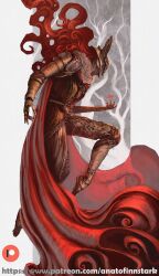  1girl amputee anato_finnstark armor cape covered_eyes elden_ring gold_armor helmet helmet_over_eyes highres malenia_blade_of_miquella mechanical_arms prosthesis prosthetic_arm prosthetic_leg red_cape red_hair single_mechanical_arm triple_amputee winged_helmet 