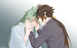 2boys absurdres ahoge antenna_hair artist_name baizhu_(genshin_impact) blush brown_eyes brown_hair chinese_clothes collared_shirt commentary_request crying crying_with_eyes_open dress_shirt earrings eyewear_strap genshin_impact glasses gradient_background gradient_hair green_hair grey_background grey_shirt hair_between_eyes hand_up hands_on_another&#039;s_face hands_up highres holding_another&#039;s_wrist jewelry long_hair long_sleeves looking_at_another low_ponytail lower_teeth_only male_focus multicolored_hair multiple_boys open_mouth orange_eyes parted_bangs parted_lips ponytail robe semi-rimless_eyewear shirt simple_background swept_bangs tassel tassel_earrings tears teeth twitter_username under-rim_eyewear upper_body usushio_oishii white_background white_robe wide_sleeves yaoi zhongli_(genshin_impact) 