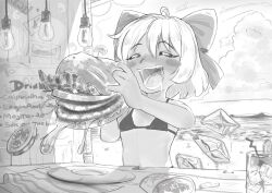  1girl ahoge beach bikini blush bow brazil burger cirno closed_eyes cloud cloudy_sky detached_wings drink drooling eating fairy greyscale hair_between_eyes hair_bow highres hottodg ice ice_wings melting monochrome open_mouth short_hair sky solo swimsuit touhou wings  rating:General score:7 user:Konataq