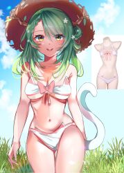  1girl bikini blush braid braided_bangs breasts cat_ear_bikini cat_tail ceres_fauna cleavage cloud flower grass green_hair hair_flower hair_ornament hat holocouncil hololive hololive_english large_breasts long_hair mannequin midriff mole mole_under_eye navel open_mouth outdoors photo_inset pink_ribbon pinkzwei reference_inset ribbon single_braid smile solo straw_hat swimsuit tail thigh_gap underboob virtual_youtuber white_bikini yellow_eyes 