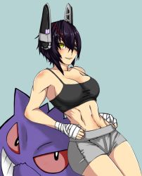  1girl abs bandages boxing breasts cleavage creatures_(company) eyepatch game_freak gen_1_pokemon gengar grin highres kantai_collection large_breasts muscular nintendo playing_sports pokemon pokemon_(creature) purple_hair short_hair shorts smile tank_top tenryuu_(kancolle) toned  rating:Questionable score:12 user:rosernergodie