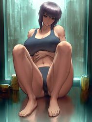 1girl abs arm_under_breasts bare_arms bare_legs bare_shoulders barefoot beer_can bra breasts can cleavage closed_mouth collarbone covered_erect_nipples drink_can feet full_body ghost_in_the_shell grey_bra grey_panties hand_on_own_stomach highres huge_breasts indoors infi knees_up kusanagi_motoko large_breasts looking_at_viewer muscular muscular_female navel no_pants no_shirt no_shoes panties purple_hair rain red_eyes reflective_floor solo sports_bra toenails toes underwear window rating:Sensitive score:153 user:danbooru