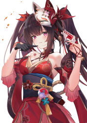  1girl :3 absurdres armpits black_choker black_gloves black_hair butterfly-shaped_pupils chest_tattoo choker commentary_request criss-cross_halter detached_sleeves facial_tattoo fox_mask gloves gun hair_between_eyes halo halterneck handgun highres holding holding_gun holding_weapon honkai:_star_rail honkai_(series) japanese_clothes long_hair long_sleeves looking_at_viewer mask mask_on_head obi pointing pointing_at_self red_eyes sash sidelocks simple_background solo sora01o sparkle_(honkai:_star_rail) symbol-shaped_pupils tattoo twintails weapon white_background wide_sleeves 