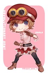  1girl bad_id bad_twitter_id black_thighhighs blue_eyes boots brown_gloves character_name chibi frilled_shirt frills full_body gloves goggles goggles_on_headwear high_heel_boots high_heels highres kazuto_(kazu_one_a) koala_(one_piece) light_brown_hair looking_to_the_side one_piece pink_background pink_shirt shirt short_hair skirt smile thighhighs twitter_username 