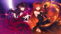  2girls bare_shoulders black_legwear blue_eyes bow breasts brown_hair cleavage collarbone covered_erect_nipples detached_sleeves dress elbow_gloves fate/stay_night fate_(series) fire fire frills full_moon garter_straps gem gloves glowing hair_bow hairband highres holding holding_jewelry holding_necklace jewelry long_hair medium_breasts moon multiple_girls necklace older_edelfelt_sister_(fate) outstretched_hand parted_lips pendant red_hair resized skirt_hold small_breasts smile source_request sparks thighhighs tohno_akiha tohsaka_rin tsukihime twintails two_side_up type-moon upscaled wide_sleeves yangsion 