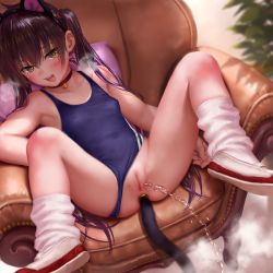 1girl absurdres anal anal_object_insertion anal_tail armpits asakuraf black_hair breasts butt_plug choker cleft_of_venus clothing_aside couch fake_tail flat_chest highres idolmaster loli loose_socks lying m_legs matoba_risa object_insertion on_back on_couch peeing pussy red_choker small_breasts socks swimsuit swimsuit_aside tagme tail rating:Explicit score:272 user:Low_hanging_loli