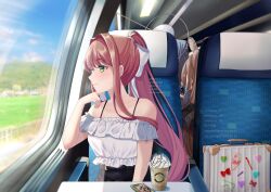  3girls absurdres black_bra black_skirt blue_hair blush bow bra bra_strap breasts briefcase brown_hair cleavage cloud commentary commission cup day doki_doki_literature_club drinking_straw english_commentary english_text feather_hair_ornament feathers grass green_eyes hair_bow hair_ornament halo head_tilt heads_together high-waist_skirt highres holding holding_cup hololive hololive_english long_hair looking_outside mechanical_halo medium_breasts mi_tarou0412 monika_(doki_doki_literature_club) multiple_girls nanashi_mumei nanashi_mumei_(1st_costume) off-shoulder_shirt off_shoulder open_mouth ouro_kronii ouro_kronii_(1st_costume) pink_nails shirt sitting skirt sky smile solo_focus train_interior underwear v virtual_youtuber watermark white_bow white_shirt window 