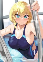  1girl aqua_eyes bare_arms bare_shoulders blonde_hair blue_one-piece_swimsuit blush braid breasts c: cleavage closed_mouth collarbone commentary competition_swimsuit covered_navel eyes_visible_through_hair fingernails hair_between_eyes hand_up happy highleg highleg_swimsuit highres hoshiro_remi indoors large_breasts looking_at_viewer one-piece_swimsuit pool ray_(rays_26) ripples same_to_ikiru_nanokakan shiny_skin short_hair single_braid smile solo sparkle sparkling_eyes split_mouth swimsuit tsurime upper_body wading water water_drop 