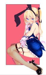 1girl animal_ears ask02 ass bare_shoulders biting blonde_hair blue_eyes blush dead_or_alive dead_or_alive_5 fake_animal_ears fishnet_thighhighs fishnets glove_biting gloves hair_ribbon highres long_hair looking_at_viewer marie_rose midriff rabbit_ears rabbit_tail ribbon solo tail thighhighs white_gloves wrist_cuffs rating:Questionable score:45 user:danbooru