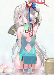  1girl ass back_cutout bamboo_steamer baozi bare_shoulders blue_archive blue_dress bridal_gauntlets butt_crack china_dress chinese_clothes clothing_cutout dress food from_behind green_dress grey_hair hair_ornament halo hand_fan highres holding long_hair looking_at_viewer looking_back mahjong_soul matanonki multicolored_clothes multicolored_dress mutsuki_(blue_archive) mutsuki_(flowery_charms)_(blue_archive) neck no_panties petals pink_eyes plate pointy_ears reflection reflective_surface sitting smile solo very_long_hair  rating:Questionable score:31 user:flaps