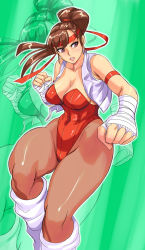  1girl armband bandages black_pantyhose bodysuit breakers breasts brown_eyes brown_hair brown_socks cleavage collarbone covered_navel female_focus fighting_stance headband hip_focus iad jacket large_breasts leg_up leotard lips lipstick long_hair loose_socks makeup muscular navel open_clothes open_jacket pantyhose playboy_bunny ponytail punching scrunchie shiny_skin simple_background smile snk socks socks_over_pantyhose solo thick_thighs thigh_gap thighs tia_langray vest visco white_socks wide_hips zoom_layer  rating:Questionable score:33 user:thebatman