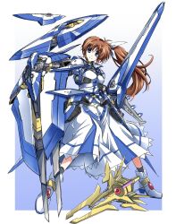  1girl armored_boots black_gloves black_socks blue_background boots border bow breasts brown_hair commentary english_commentary fortress_(nanoha) full_body gloves gradient_background hair_between_eyes head_tilt high_heel_boots high_heels highres holding holding_weapon jacket long_hair long_sleeves looking_at_viewer lyrical_nanoha mahou_senki_lyrical_nanoha_force mahou_shoujo_lyrical_nanoha medium_breasts purple_eyes raising_heart side_ponytail smile socks solo strike_cannon takamachi_nanoha twintails weapon white_background white_border white_bow white_jacket yorousa_(yoroiusagi) 