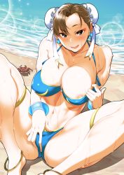 1girl anklet bare_shoulders barefoot beach bikini blue_bikini breasts brown_eyes capcom chun-li cloud collarbone commentary_request crab crotch_grab curvy day double_bun highres jewelry large_breasts looking_at_viewer navel nipple_slip nipples ocean ojo_(dfreak) outdoors raised_eyebrow revision sand sitting skindentation sky smile solo stomach street_fighter swimsuit thick_thighs thighs rating:Questionable score:72 user:danbooru