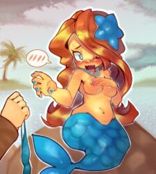  1boy 1girl absurdres big_hair blue_eyes blue_nails blush breasts brown_hair covering_breasts covering_privates embarrassed hair_ornament highres holding holding_clothes holding_swimsuit jewelry link long_hair medium_breasts mermaid mermaid_(link&#039;s_awakening) monster_girl navel necklace nintendo nipples nose_blush one_eye_closed onimiere open_mouth outdoors palm_tree pearl_necklace rock sitting star_(symbol) star_hair_ornament swimsuit the_legend_of_zelda the_legend_of_zelda:_link&#039;s_awakening topless tree unworn_bikini_top 