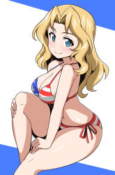  1girl american_flag american_flag_bikini american_flag_print atonamu bikini blonde_hair blue_eyes blush breasts cleavage closed_mouth dot_nose flag_print girls_und_panzer hair_intakes highres invisible_chair kay_(girls_und_panzer) knee_up large_breasts looking_at_viewer print_bikini sitting smile solo striped_bikini striped_clothes swimsuit thighs two-tone_background 