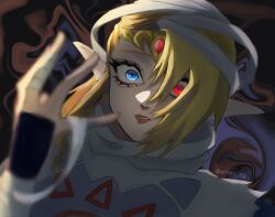  1girl bandages blonde_hair blue_eyes finger_wrap frown hand_up nintendo parted_lips princess_zelda red_eyes red_lips sheik solo the_legend_of_zelda the_legend_of_zelda:_ocarina_of_time tiara transformation wide-eyed 