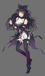  1girl artist_request bare_shoulders black_bow black_footwear black_hair black_ribbon black_thighhighs blake_belladonna bow breasts breasts_apart detached_sleeves expressionless facing_viewer floating_hair full_body garter_straps gradient_legwear grey_background hair_bow hair_ornament hair_ribbon hand_up large_breasts leg_up long_hair looking_at_viewer midriff multicolored_clothes multicolored_legwear parted_lips purple_thighhighs ribbon rwby shoes simple_background solo standing stomach thighhighs wavy_hair yellow_eyes  rating:Sensitive score:9 user:823602149
