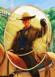  1boy black_gloves brown_hat brown_jacket cooper_howard cowboy cowboy_western fallout_(prime_video) fallout_(series) gloves h0lyhandgrenade hat hollywood_sign horse horseback_riding jacket lasso long_sleeves looking_at_viewer outdoors riding smile tagme western 
