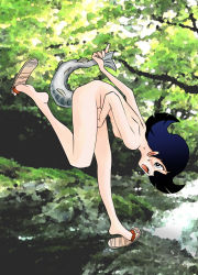  1girl akira_horimoto animal animal_insertion bent_over black_hair blue_hair blush breasts creature_insertion fins fish fish_tail flat_chest flip-flops flipped_hair from_side full_body looking_at_viewer looking_to_the_side medium_hair nude object_insertion outdoors photo_background pinky_out public_indecency sandals small_areolae small_breasts small_nipples standing sweatdrop tail takayama_yuri tsurikichi_sanpei vaginal vaginal_object_insertion 