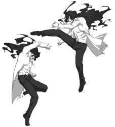  abs attack black_footwear black_hair black_pants collared_shirt floating_clothes floating_hair kicking michael_roa_valdamjong midair open_clothes open_fly open_shirt pants pectorals red_eyes rogwel shirt sleeve_cuffs smile tsukihime type-moon vampire 