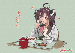  1girl :o ahoge blush bowl brown_eyes brown_hair chair dated food food_request green_background headgear holding holding_food japanese_clothes kimono lamb_(hitsujiniku) long_sleeves on_chair open_mouth rice rice_bowl simple_background sitting solo table touhoku_kiritan translation_request twintails upper_body voiceroid white_kimono wide_sleeves 