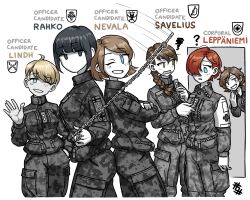 6+girls ? absurdres ahoge anni_junttila artist_logo back-to-back black_eyes black_hair blonde_hair blue_eyes blunt_bangs blush braid breasts brown_eyes brown_hair camouflage camouflage_jacket camouflage_pants chain commentary cross crossed_arms elina_rahko english_text finnish_army finnish_flag green_eyes grin hair_over_shoulder hand_in_pocket highres holding jacket key lindh_(ostwindprojekt) long_hair long_sleeves looking_at_another looking_at_viewer medic medium_hair military military_rank_insignia military_uniform multiple_girls nevala_(ostwindprojekt) no_mouth one_eye_closed open_mouth ostwindprojekt pants partially_colored peeking red_cross red_hair saila_leppaniemi savelius_(ostwindprojekt) seno_lepo short_hair sidelocks simple_background single_braid smile standing swinging uniform upper_body waving white_background zipper zipper_pull_tab 