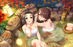  2girls autumn_leaves breasts brown_hair cleavage ebihara_naho feet forehead game_cg green_eyes idolmaster idolmaster_cinderella_girls idolmaster_cinderella_girls_starlight_stage large_breasts medium_breasts multiple_girls naked_towel official_art onsen shinohara_rei towel water 