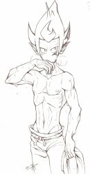  1boy abs exercising hand_on_mouth heavy_breathing highres iop_(wakfu) lineart male_focus monochrome nipples pointy_ears simple_background solo standing sweat topless_male towel training tristepin_percedal wakfu wet white_background  rating:Sensitive score:3 user:BliBlaBlue