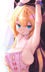  absurdres akai_haato apron armpits arms_up blonde_hair blue_eyes breasts bursting_breasts chain chained cleavage cleavage_cutout clothing_cutout cuffs furrowed_brow hair_between_eyes handcuffs heart_cutout highres hololive kasutaso large_breasts long_hair naked_apron no_bra open_mouth pink_apron sideboob spaghetti_strap strap_gap virtual_youtuber 