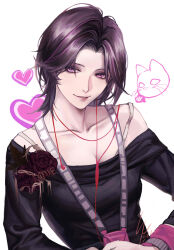  1girl absurdres bare_shoulders black_shirt collarbone heart highres looking_at_viewer path_to_nowhere purple_eyes purple_hair scanner3000 shawn_(path_to_nowhere) shirt simple_background smile white_background 