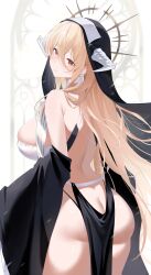  1girl absurdres ass azur_lane back bare_shoulders black_dress blonde_hair blush breast_cutout breasts butt_crack detached_sleeves dress fake_horns habit highres horns huge_breasts implacable_(azur_lane) large_breasts long_bangs long_hair looking_at_viewer looking_back nun oxygen_mask_(oxygenmask233) pelvic_curtain red_eyes revealing_clothes sidelocks smile solo thighs thong underwear white_horns wide_sleeves 